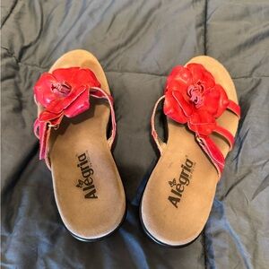 Alegria Red Floral Leather Wedge Slide Sandals